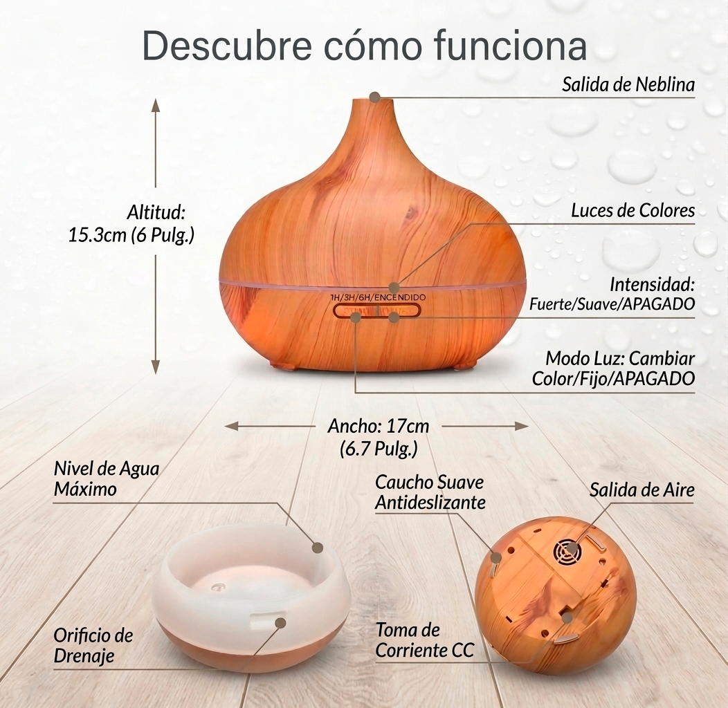 Humidificador de aire y aromas 500ML, estilo madera ancho