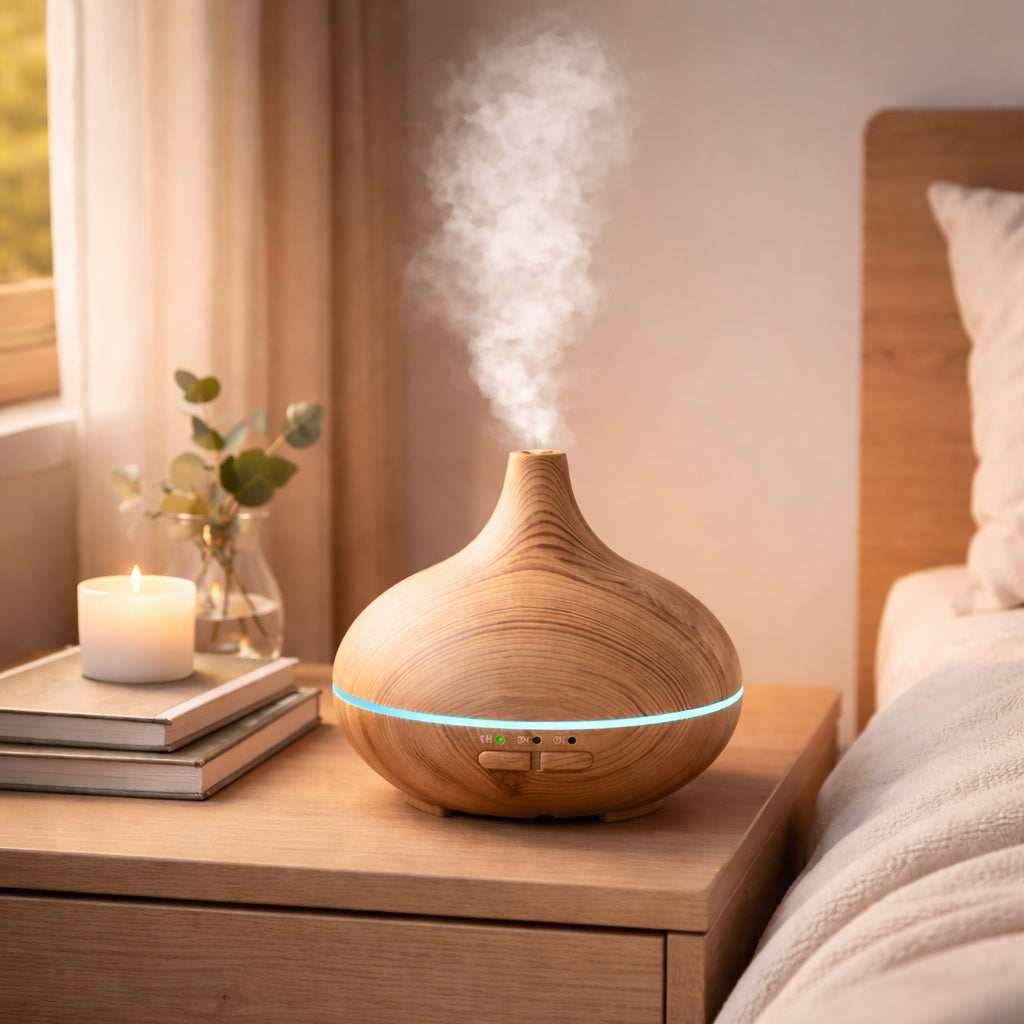 Humidificador de aire y aromas 500ML, estilo madera ancho