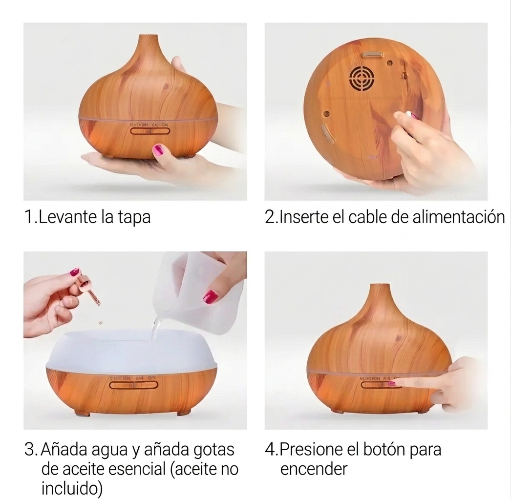 Humidificador de aire y aromas 500ML, estilo madera ancho